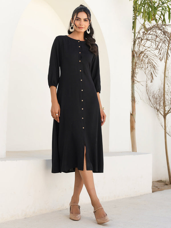 Black Rayon Solid Button Down A-line Dress