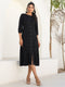 Black Rayon Solid Button Down A-line Dress
