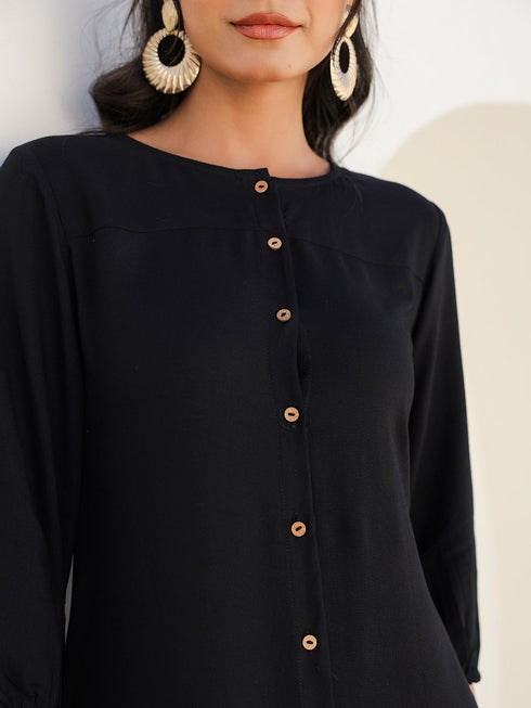 Black Rayon Solid Button Down A-line Dress