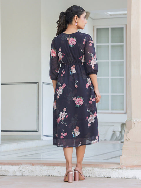 Black Georgette Floral Printed A-line Dress
