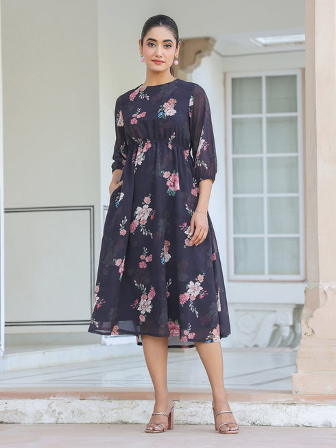 Black Georgette Floral Printed A-line Dress