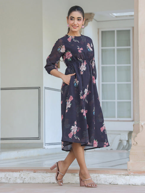 Black Georgette Floral Printed A-line Dress