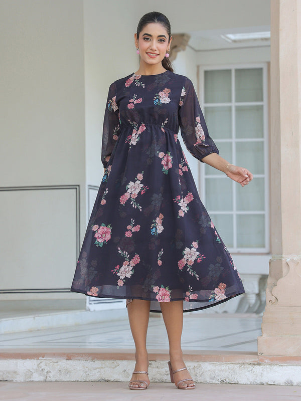 Black Georgette Floral Printed A-line Dress
