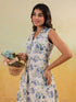 Janasya Women's Off White Linen Cotton Floral Printed A line Dress