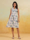 Janasya Women's Off White Linen Cotton Floral Printed A line Dress