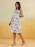Janasya Women's Off White Linen Cotton Floral Printed A line Dress