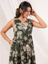Janasya Women's Olive Green Linen Cotton Floral Printed Tiered Dress