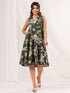 Janasya Women's Olive Green Linen Cotton Floral Printed Tiered Dress