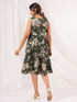 Janasya Women's Olive Green Linen Cotton Floral Printed Tiered Dress