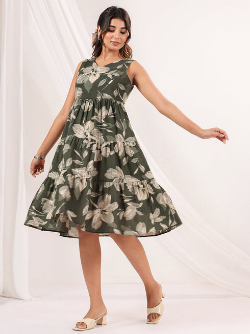 Janasya Women's Olive Green Linen Cotton Floral Printed Tiered Dress