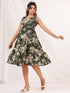 Janasya Women's Olive Green Linen Cotton Floral Printed Tiered Dress