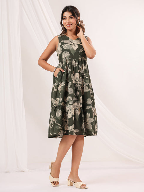 Janasya Women's Olive Green Linen Cotton Floral Printed Tiered Dress