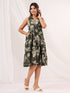 Janasya Women's Olive Green Linen Cotton Floral Printed Tiered Dress