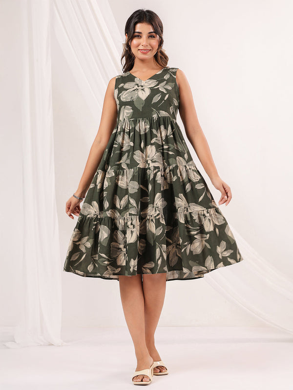 Janasya Women's Olive Green Linen Cotton Floral Printed Tiered Dress