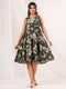 Janasya Women's Olive Green Linen Cotton Floral Printed Tiered Dress