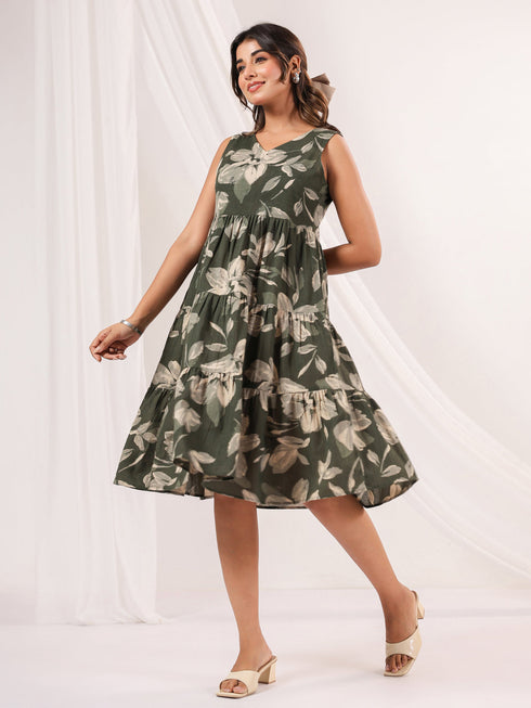 Janasya Women's Olive Green Linen Cotton Floral Printed Tiered Dress