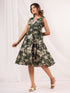 Janasya Women's Olive Green Linen Cotton Floral Printed Tiered Dress