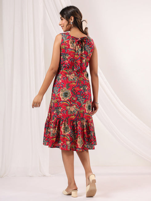 Janasya Women's Pink Pure Cotton Floral Printed Fit & Flare Dress