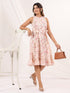 Janasya Women's Peach Pure Cotton Floral Printed A line Dress