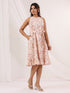 Janasya Women's Peach Pure Cotton Floral Printed A line Dress