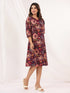 Janasya Women's Wine Pure Cotton Floral Peinted A-line Dress