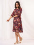 Janasya Women's Wine Pure Cotton Floral Peinted A-line Dress