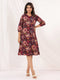 Janasya Women's Wine Pure Cotton Floral Peinted A-line Dress