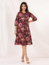 Janasya Women's Wine Pure Cotton Floral Peinted A-line Dress