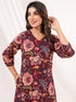 Janasya Women's Wine Pure Cotton Floral Peinted A-line Dress