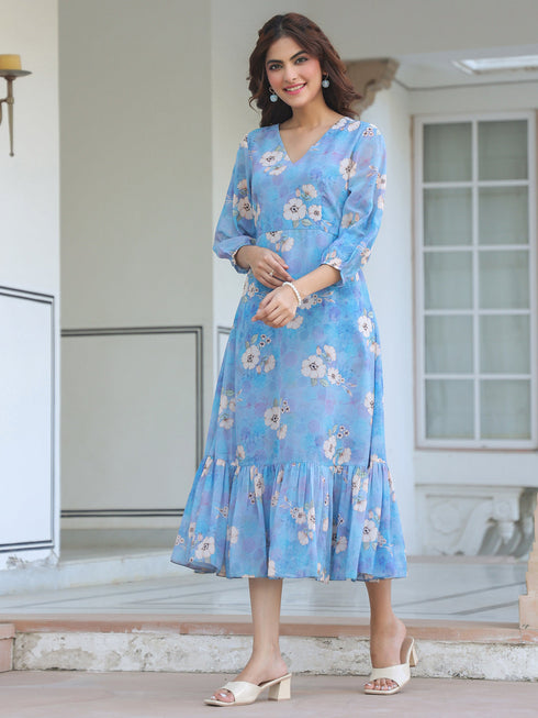 Blue Georgette Floral Printed A-line Dress