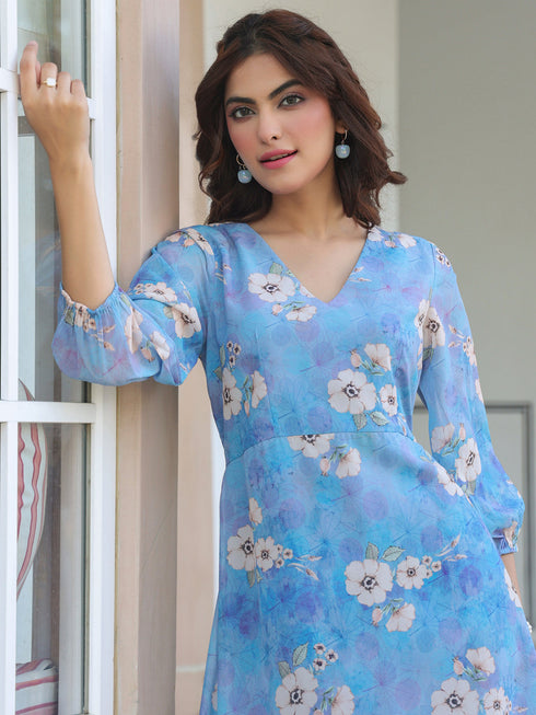 Blue Georgette Floral Printed A-line Dress