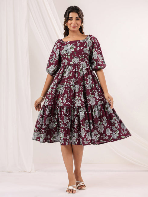 Janasya Women's Wine Pure Cotton Floral Printed Tiered Dress