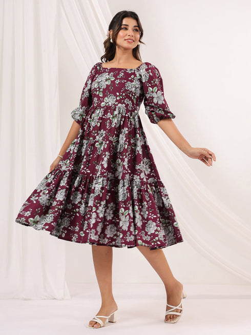 Janasya Women's Wine Pure Cotton Floral Printed Tiered Dress
