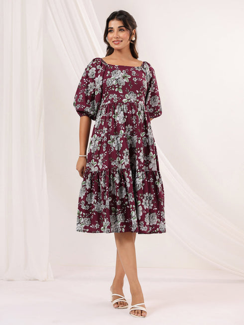 Janasya Women's Wine Pure Cotton Floral Printed Tiered Dress