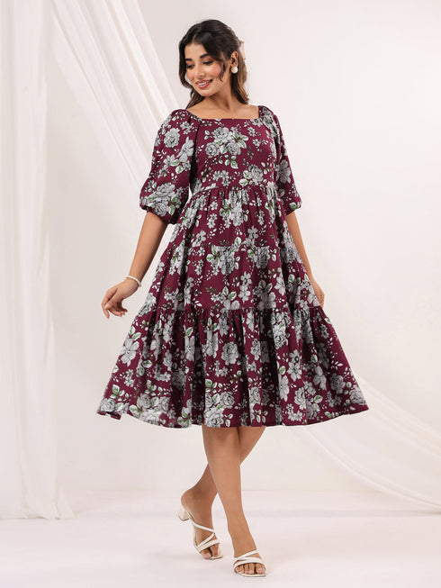 Janasya Women's Wine Pure Cotton Floral Printed Tiered Dress