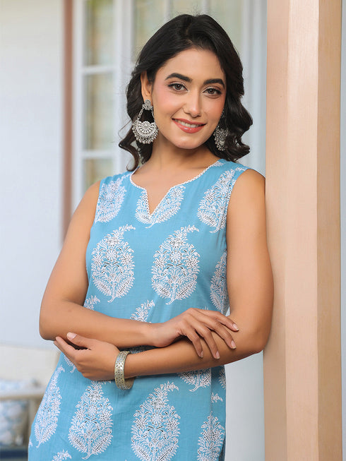 Sky Blue Pure Cotton Ethnic Motifs Printed Straight Kurta Pant Set