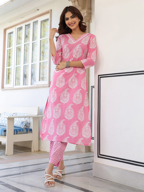 Light Pink Pure Cotton Ethnic Motifs Printed Straight Kurta Pant Set
