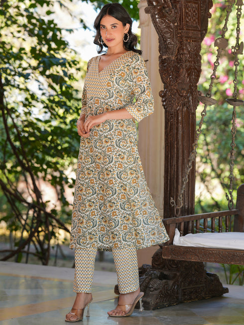 Off White Pure Cotton Floral Printed Straight Kurta Set