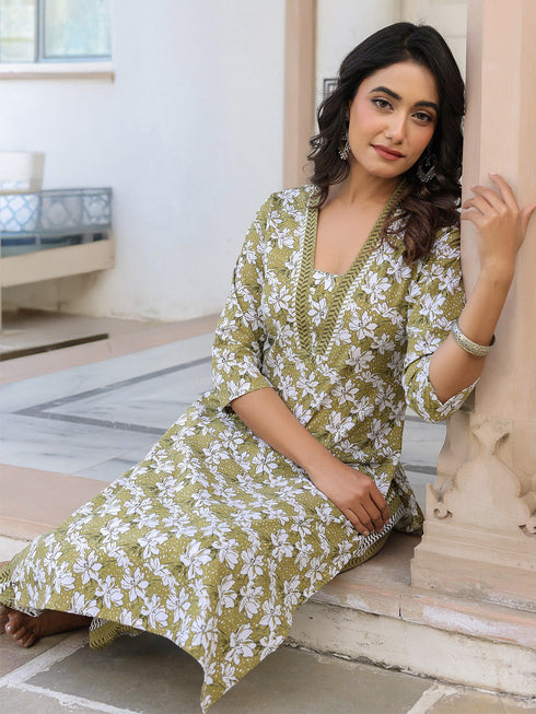 Olive Pure Cotton Floral Printed Straight Kurta Set