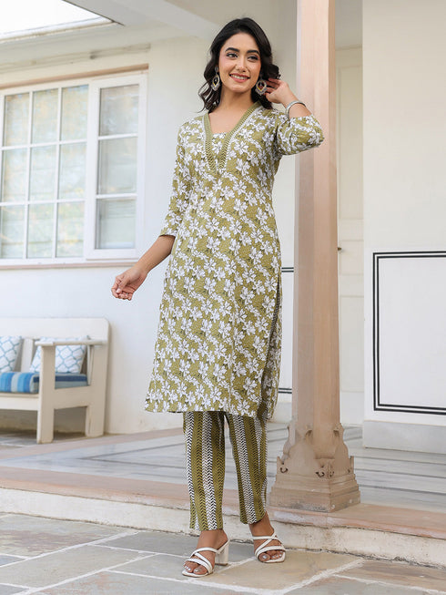 Olive Pure Cotton Floral Printed Straight Kurta Set