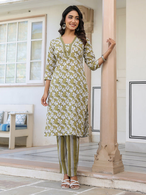 Olive Pure Cotton Floral Printed Straight Kurta Set