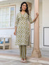 Olive Pure Cotton Floral Printed Straight Kurta Set