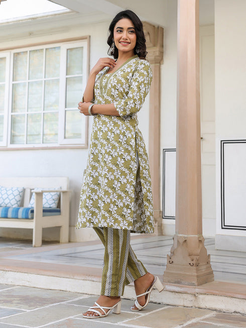 Olive Pure Cotton Floral Printed Straight Kurta Set