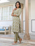 Olive Pure Cotton Floral Printed Straight Kurta Set