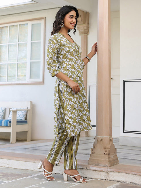 Olive Pure Cotton Floral Printed Straight Kurta Set