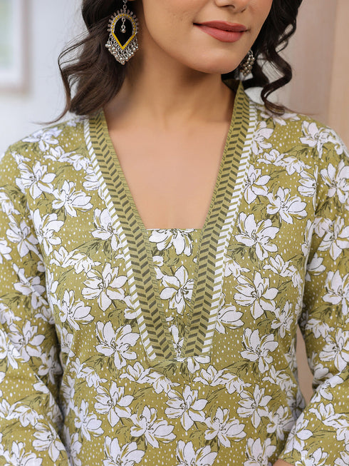 Olive Pure Cotton Floral Printed Straight Kurta Set