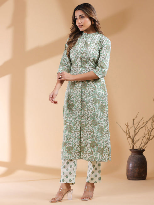 Cream Pure Cotton Floral Printed Straight Kurta Pant Set