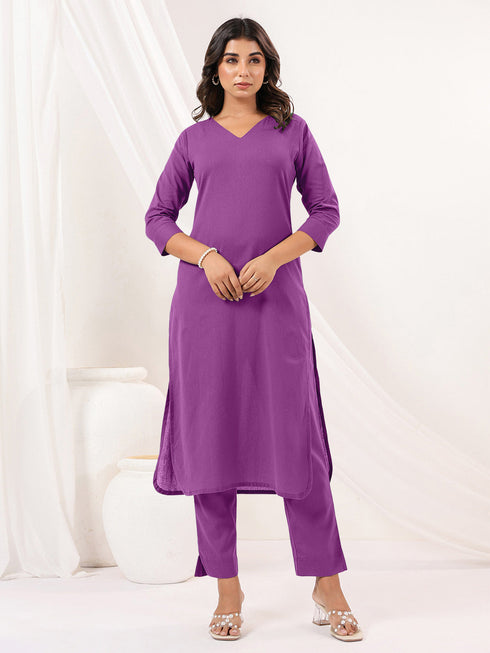 Janasya Women's Purple Cotton Solid Straight Kurta Pant Set