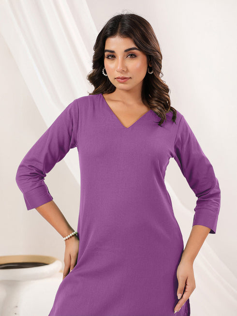 Janasya Women's Purple Cotton Solid Straight Kurta Pant Set