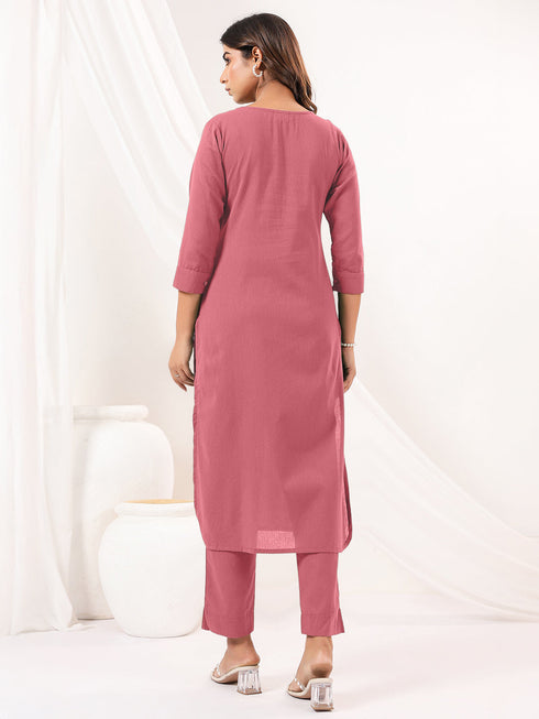 Janasya Women's Pink Cotton Solid Straight Kurta Pant Set